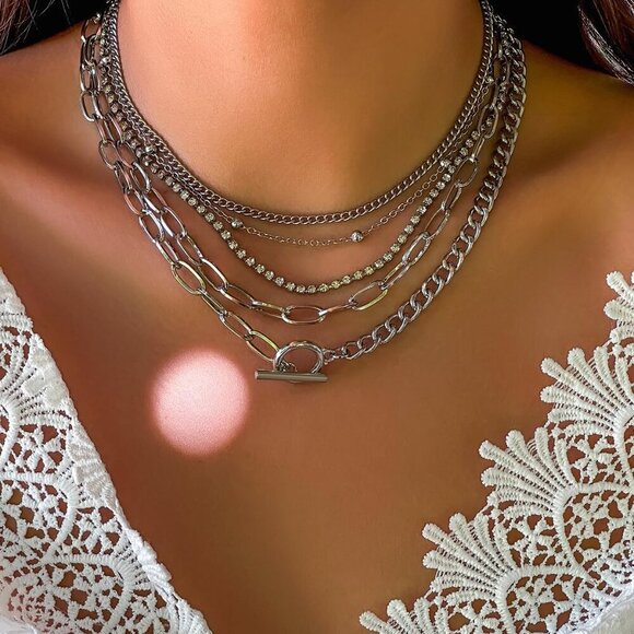 🆕 Women Silver Toggle Clasp Necklace Chunky Punk Layered Choker Simple Jewelry - Picture 2 of 5